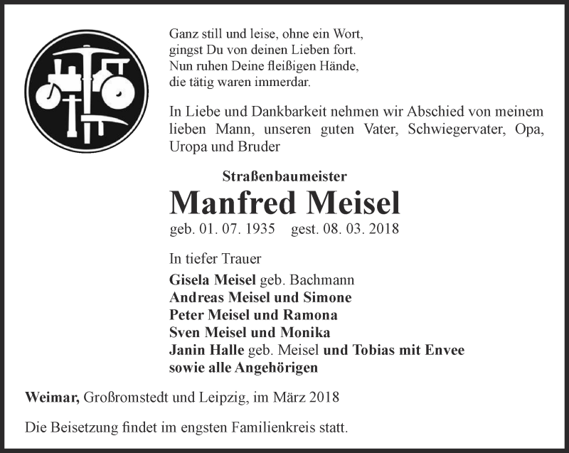  Traueranzeige für Manfred Meisel vom 17.03.2018 aus Thüringer Allgemeine, Thüringische Landeszeitung