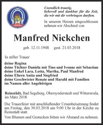 Traueranzeige von Manfred Nickchen von Ostthüringer Zeitung, Thüringische Landeszeitung