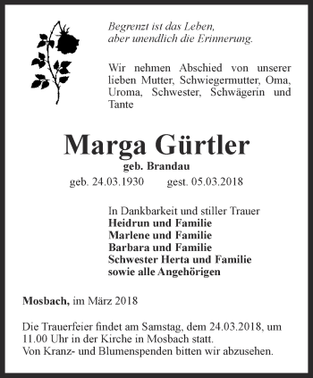 Traueranzeige von Marga Gürtler von Thüringer Allgemeine, Thüringische Landeszeitung