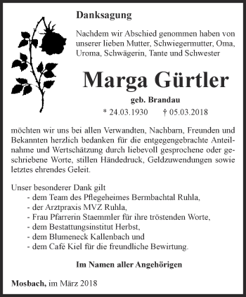 Traueranzeige von Marga Gürtler von Thüringer Allgemeine, Thüringische Landeszeitung