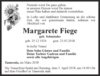 Traueranzeige von Margarete Fiege von Thüringer Allgemeine, Thüringische Landeszeitung