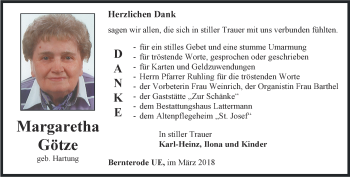 Traueranzeige von Margaretha Götze von Thüringer Allgemeine