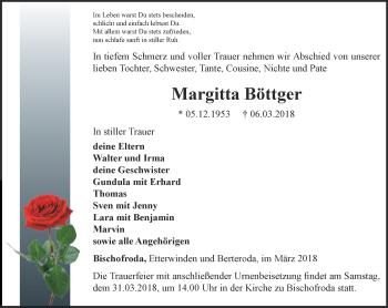Traueranzeige von Margitta Böttger von Thüringer Allgemeine, Thüringische Landeszeitung