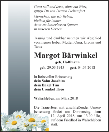 Traueranzeige von Margot Bärwinkel von Thüringer Allgemeine