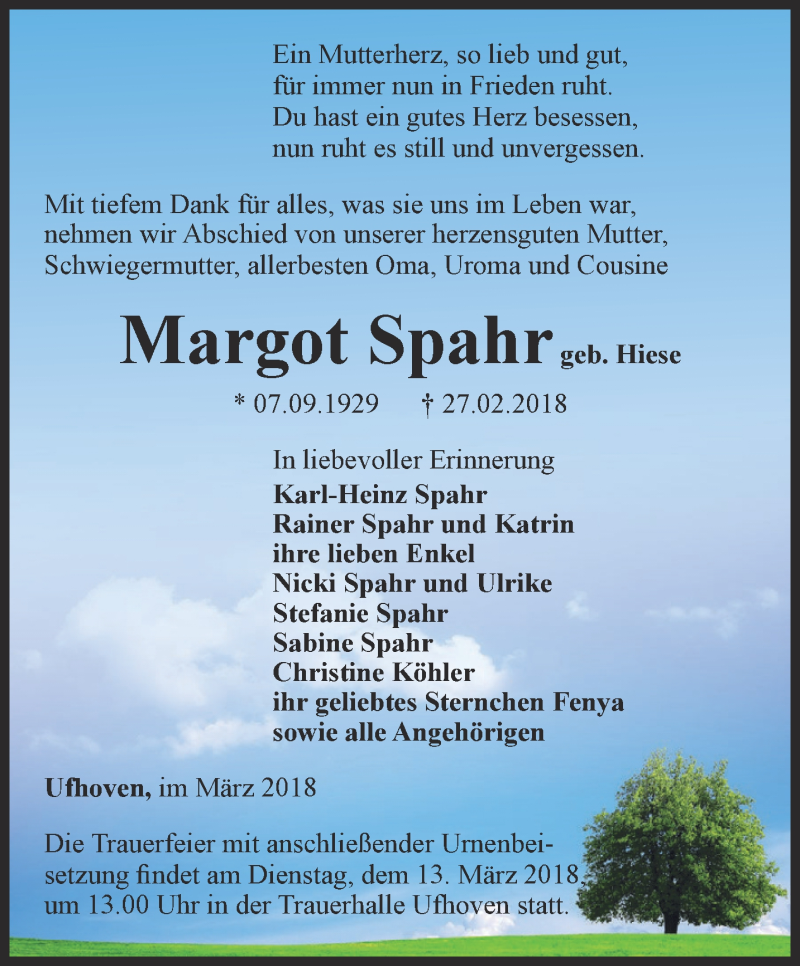  Traueranzeige für Margot Spahr vom 03.03.2018 aus Thüringer Allgemeine, Thüringische Landeszeitung