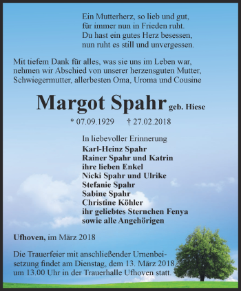 Traueranzeige von Margot Spahr von Thüringer Allgemeine, Thüringische Landeszeitung