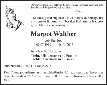 Traueranzeige von Margot Walther von Thüringer Allgemeine, Thüringische Landeszeitung