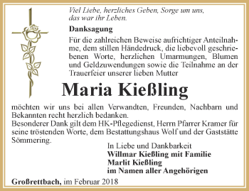 Traueranzeige von Maria Kießling von Ostthüringer Zeitung, Thüringische Landeszeitung