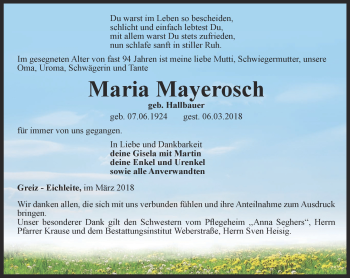 Traueranzeige von Maria Mayerosch von Ostthüringer Zeitung