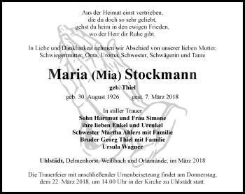 Traueranzeige von Maria Stockmann von Ostthüringer Zeitung