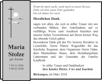Traueranzeige von Maria Stolze von Thüringer Allgemeine