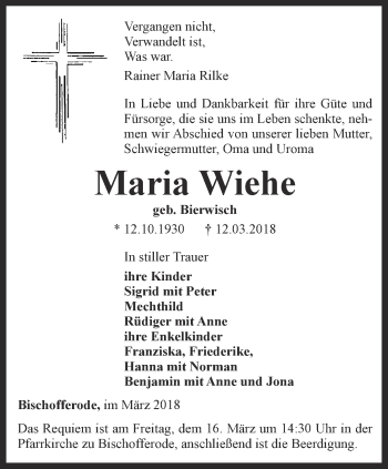 Traueranzeige von Maria Wiehe von Thüringer Allgemeine