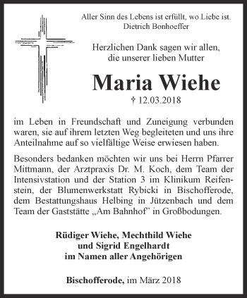 Traueranzeige von Maria Wiehe von Thüringer Allgemeine