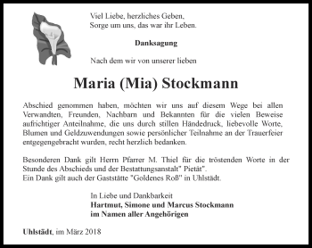 Traueranzeige von Maria Mia Stockmann von Ostthüringer Zeitung