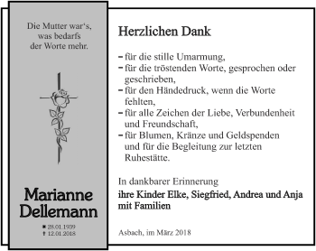 Traueranzeige von Marianne Dellemann von Thüringer Allgemeine
