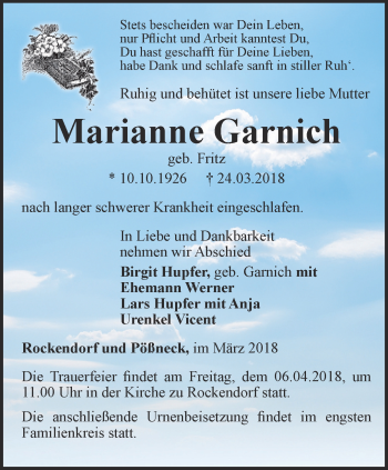 Traueranzeige von Marianne Garnich von Ostthüringer Zeitung