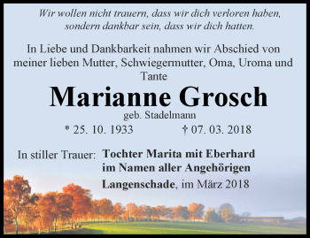 Traueranzeige von Marianne Grosch von Ostthüringer Zeitung