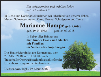 Traueranzeige von Marianne Hampe von Ostthüringer Zeitung