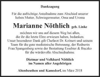 Traueranzeige von Marianne Nöthlich von Ostthüringer Zeitung