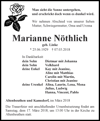 Traueranzeige von Marianne Nöthlich von Ostthüringer Zeitung