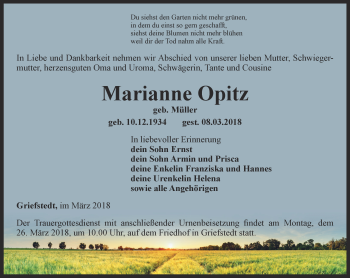 Traueranzeige von Marianne Opitz von Thüringer Allgemeine