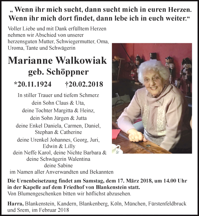  Traueranzeige für Marianne Walkowiak vom 06.03.2018 aus Ostthüringer Zeitung