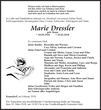 Traueranzeige von Marie Dressler von Ostthüringer Zeitung