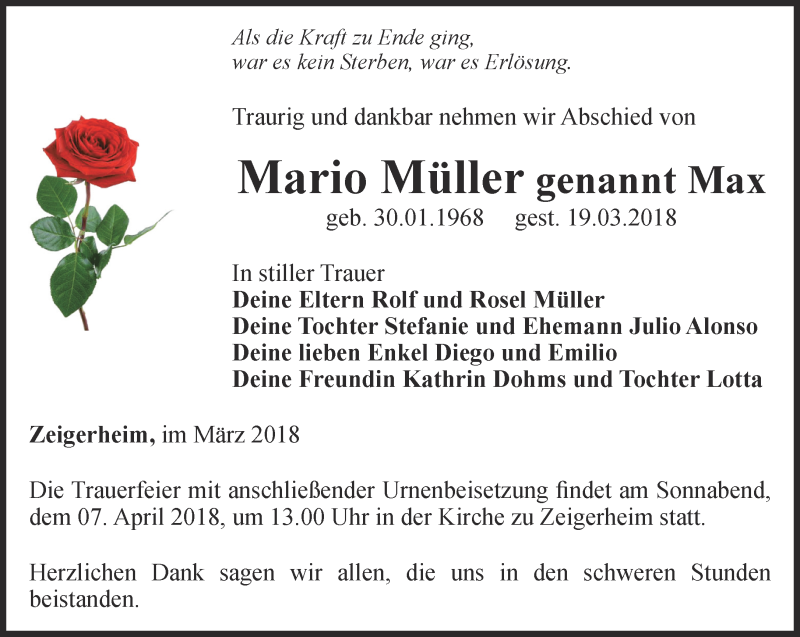  Traueranzeige für Mario Müller vom 31.03.2018 aus Ostthüringer Zeitung