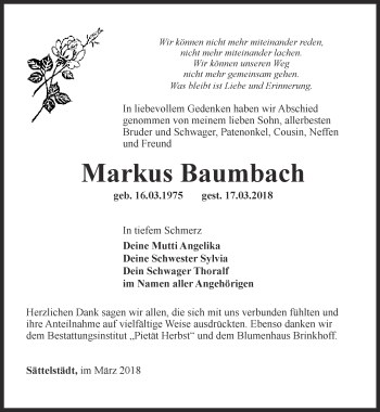 Traueranzeige von Markus Baumbach von Thüringer Allgemeine, Thüringische Landeszeitung