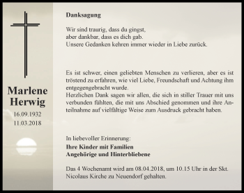 Traueranzeige von Marlene Herwig von Thüringer Allgemeine