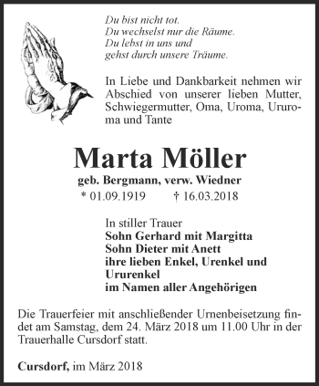 Traueranzeige von Marta Möller von Ostthüringer Zeitung