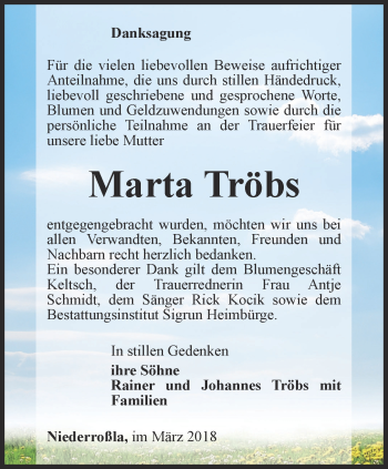 Traueranzeige von Marta Tröbs von Thüringer Allgemeine, Thüringische Landeszeitung