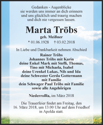 Traueranzeige von Marta Tröbs von Thüringer Allgemeine, Thüringische Landeszeitung