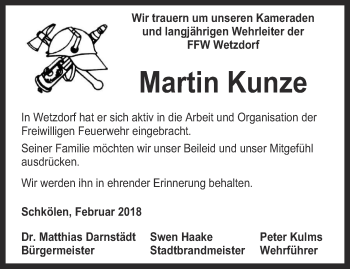 Traueranzeige von Martin Kunze von Ostthüringer Zeitung