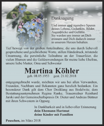 Traueranzeige von Martina Köhler von Ostthüringer Zeitung