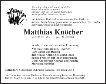 Traueranzeige von Matthias Knöcher von Ostthüringer Zeitung