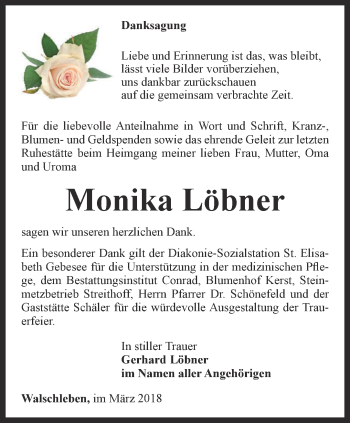 Traueranzeige von Monika Löbner von Thüringer Allgemeine, Thüringische Landeszeitung