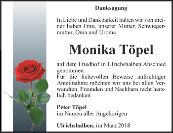 Traueranzeige von Monika Töpel von Thüringer Allgemeine, Thüringische Landeszeitung