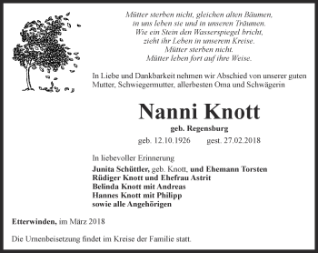 Traueranzeige von Nanni Knott von Thüringer Allgemeine, Thüringische Landeszeitung