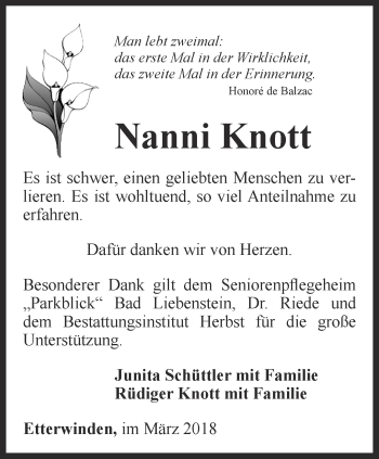 Traueranzeige von Nanni Knott von Thüringer Allgemeine, Thüringische Landeszeitung