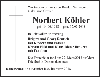 Traueranzeige von Norbert Köhler von Thüringer Allgemeine, Thüringische Landeszeitung