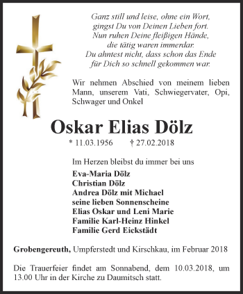 Traueranzeige von Oskar Elias Dölz von Ostthüringer Zeitung