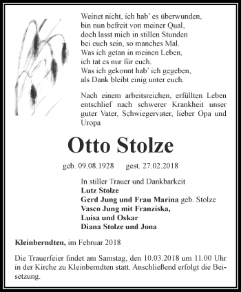 Traueranzeige von Otto Stolze von Thüringer Allgemeine