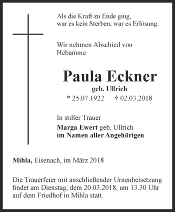 Traueranzeige von Paula Eckner von Thüringer Allgemeine, Thüringische Landeszeitung