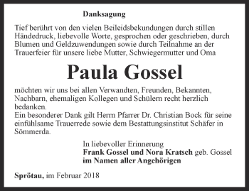 Traueranzeige von Paula Gossel von Thüringer Allgemeine