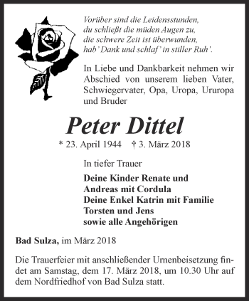 Traueranzeige von Peter Dittel von Thüringer Allgemeine, Thüringische Landeszeitung