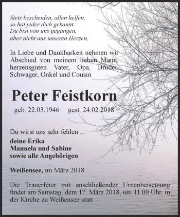 Traueranzeige von Peterq Feistkorn von Thüringer Allgemeine