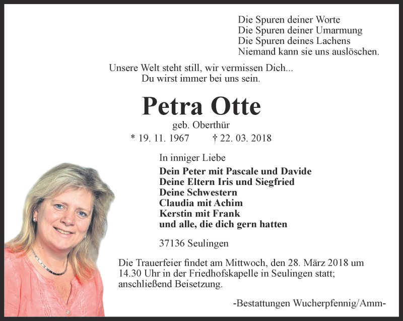  Traueranzeige für Petra Otte vom 27.03.2018 aus Thüringer Allgemeine