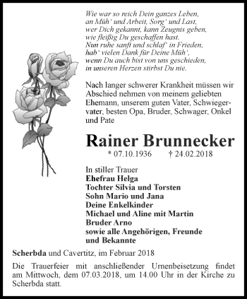 Traueranzeige von Rainer Brunnecker von Thüringer Allgemeine, Thüringische Landeszeitung