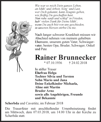 Traueranzeige von Rainer Brunnecker von Thüringer Allgemeine, Thüringische Landeszeitung